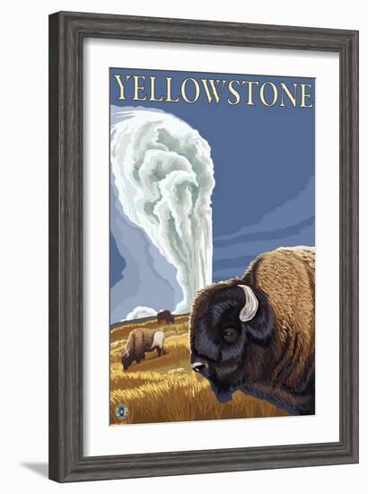 Yellowstone - Bison with Old Faithful-Lantern Press-Framed Art Print