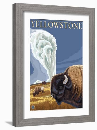 Yellowstone - Bison with Old Faithful-Lantern Press-Framed Art Print