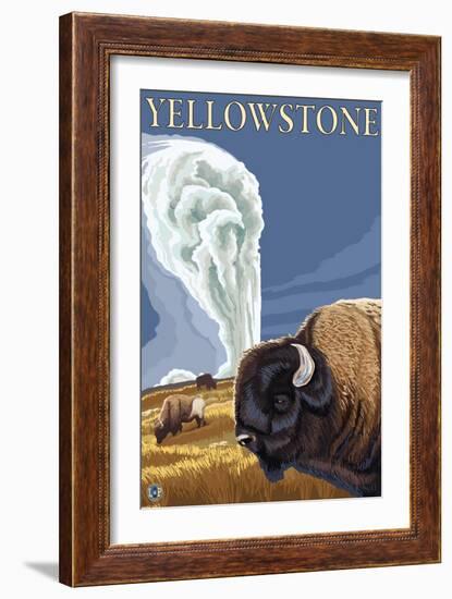 Yellowstone - Bison with Old Faithful-Lantern Press-Framed Art Print