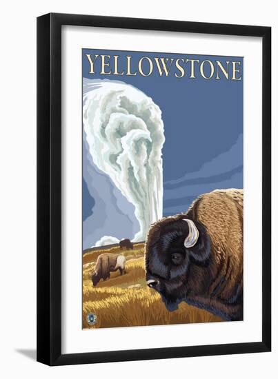 Yellowstone - Bison with Old Faithful-Lantern Press-Framed Art Print