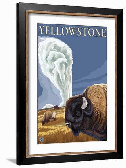 Yellowstone - Bison with Old Faithful-Lantern Press-Framed Art Print