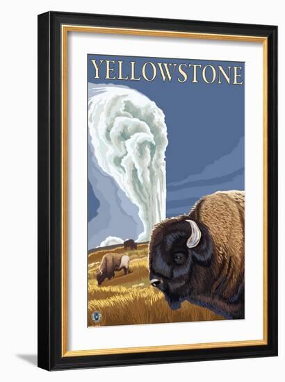 Yellowstone - Bison with Old Faithful-Lantern Press-Framed Art Print