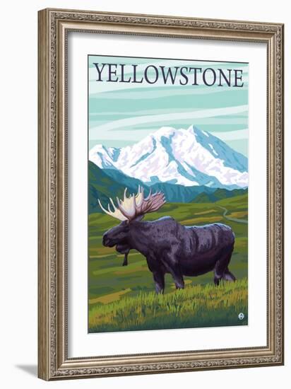 Yellowstone, Montana - Moose and Mountain-Lantern Press-Framed Art Print