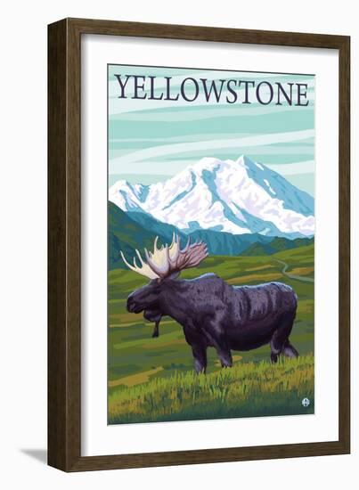 Yellowstone, Montana - Moose and Mountain-Lantern Press-Framed Art Print