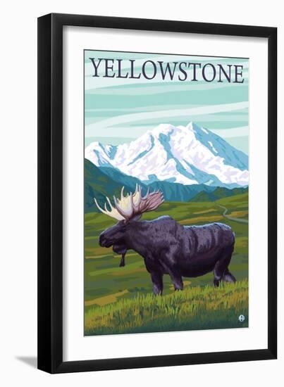 Yellowstone, Montana - Moose and Mountain-Lantern Press-Framed Art Print