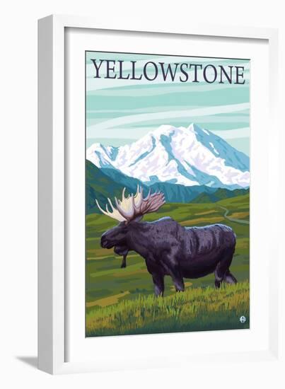 Yellowstone, Montana - Moose and Mountain-Lantern Press-Framed Art Print