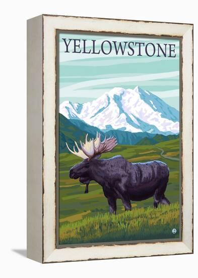 Yellowstone, Montana - Moose and Mountain-Lantern Press-Framed Stretched Canvas