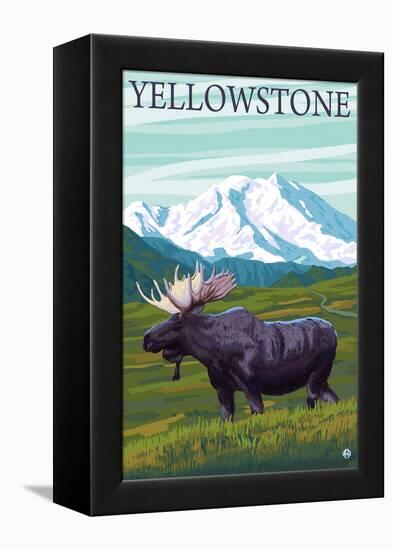 Yellowstone, Montana - Moose and Mountain-Lantern Press-Framed Stretched Canvas