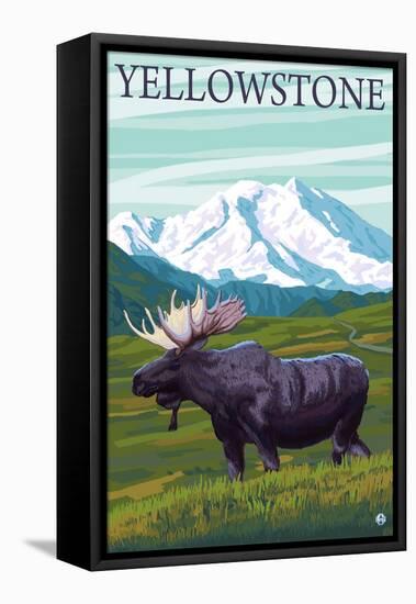 Yellowstone, Montana - Moose and Mountain-Lantern Press-Framed Stretched Canvas