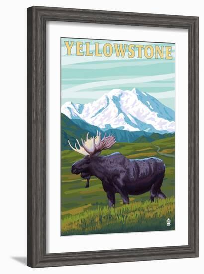 Yellowstone Nat'l Park - Moose & Mountain-Lantern Press-Framed Art Print