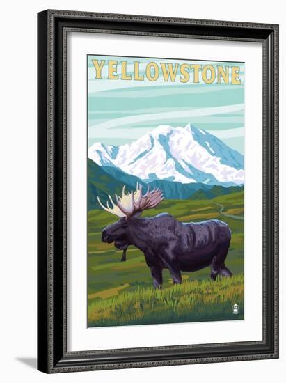 Yellowstone Nat'l Park - Moose & Mountain-Lantern Press-Framed Art Print