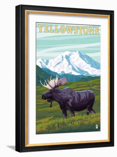 Yellowstone Nat'l Park - Moose & Mountain-Lantern Press-Framed Art Print