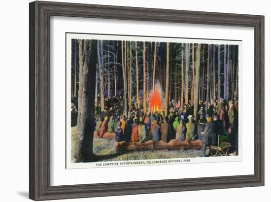 Yellowstone Nat'l Park, Wyoming - Campfire Entertainment Scene-Lantern Press-Framed Art Print