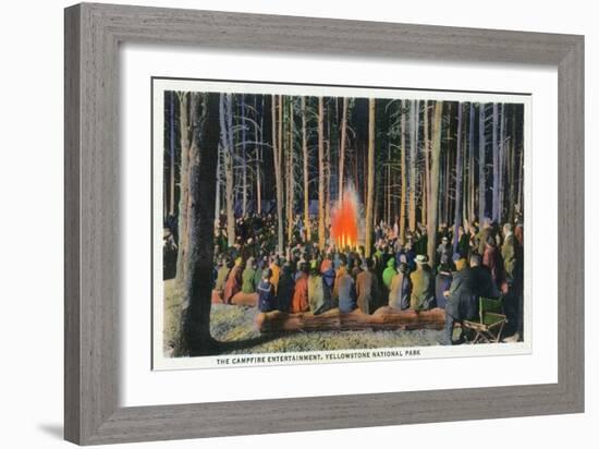 Yellowstone Nat'l Park, Wyoming - Campfire Entertainment Scene-Lantern Press-Framed Art Print