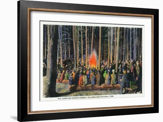 Yellowstone Nat'l Park, Wyoming - Campfire Entertainment Scene-Lantern Press-Framed Art Print