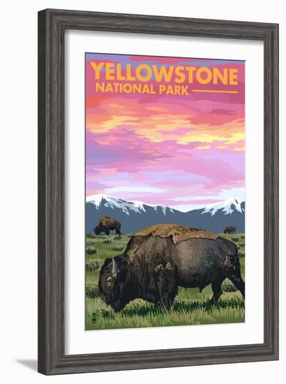 Yellowstone National Park - Bison and Sunset-Lantern Press-Framed Premium Giclee Print