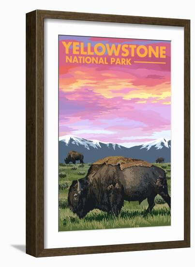 Yellowstone National Park - Bison and Sunset-Lantern Press-Framed Premium Giclee Print