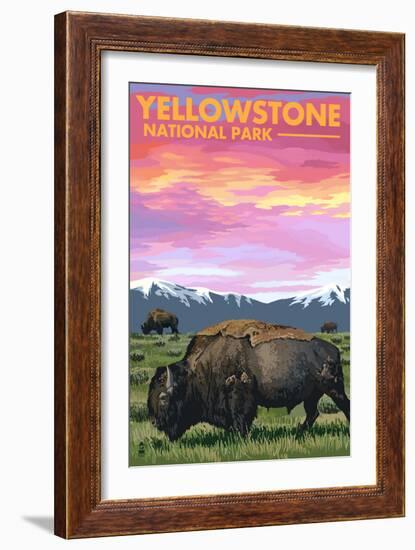 Yellowstone National Park - Bison and Sunset-Lantern Press-Framed Premium Giclee Print