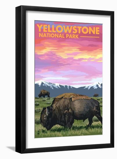 Yellowstone National Park - Bison and Sunset-Lantern Press-Framed Premium Giclee Print