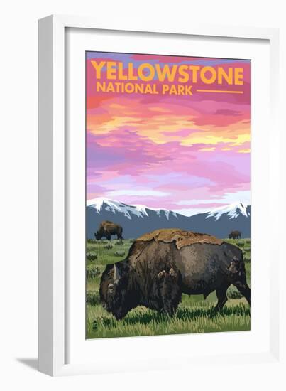 Yellowstone National Park - Bison and Sunset-Lantern Press-Framed Premium Giclee Print