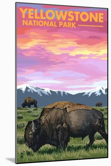 Yellowstone National Park - Bison and Sunset-Lantern Press-Mounted Premium Giclee Print