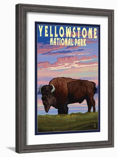 Yellowstone National Park - Bison and Sunset-Lantern Press-Framed Art Print