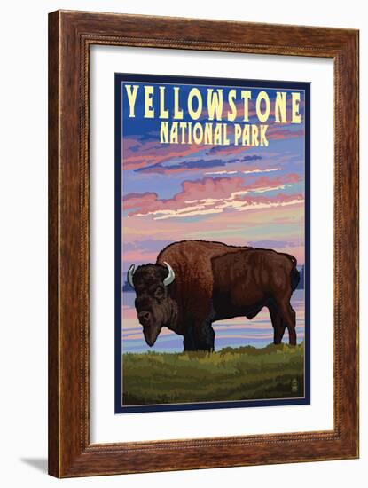 Yellowstone National Park - Bison and Sunset-Lantern Press-Framed Art Print