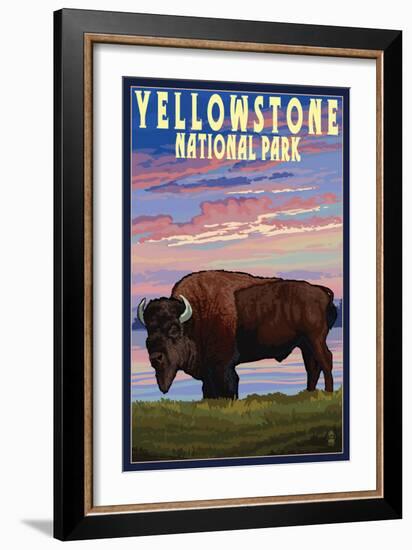 Yellowstone National Park - Bison and Sunset-Lantern Press-Framed Art Print