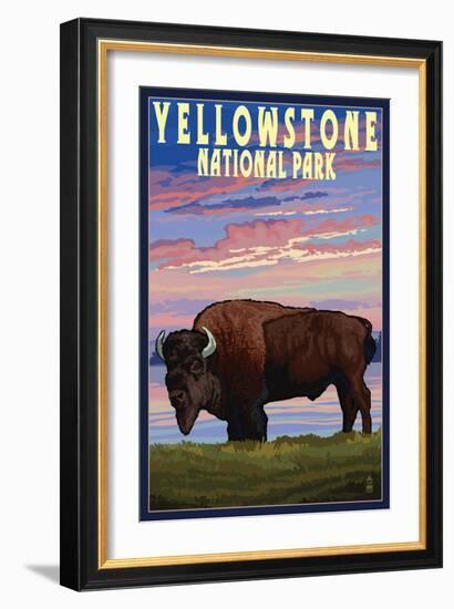 Yellowstone National Park - Bison and Sunset-Lantern Press-Framed Art Print