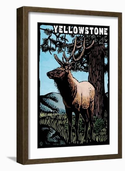 Yellowstone National Park - Elk - Scratchboard-Lantern Press-Framed Art Print