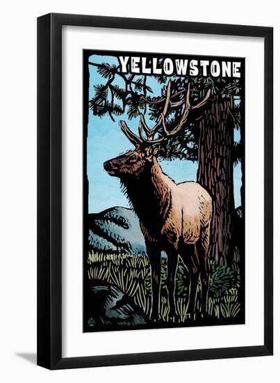 Yellowstone National Park - Elk - Scratchboard-Lantern Press-Framed Art Print