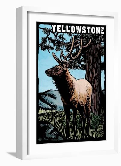 Yellowstone National Park - Elk - Scratchboard-Lantern Press-Framed Art Print