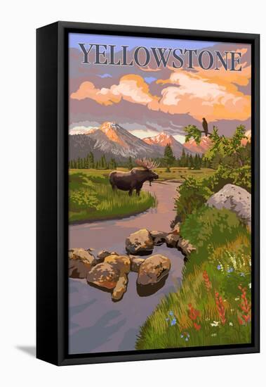 Yellowstone National Park - Moose and Meadow Scene-Lantern Press-Framed Stretched Canvas