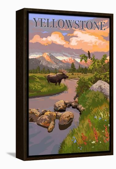 Yellowstone National Park - Moose and Meadow Scene-Lantern Press-Framed Stretched Canvas