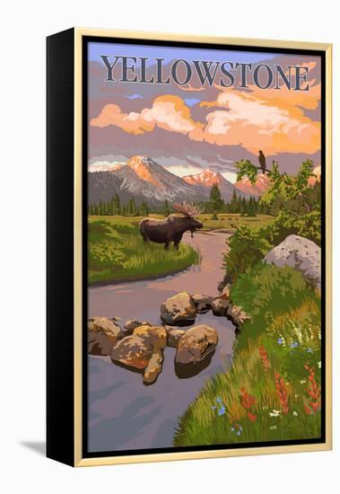 Yellowstone National Park - Moose and Meadow Scene-Lantern Press-Framed Stretched Canvas