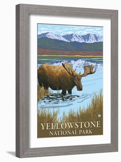 Yellowstone National Park - Moose Drinking in Lake-Lantern Press-Framed Art Print