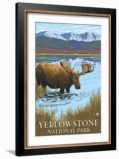 Yellowstone National Park - Moose Drinking in Lake-Lantern Press-Framed Art Print