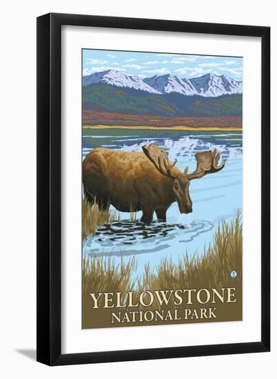 Yellowstone National Park - Moose Drinking in Lake-Lantern Press-Framed Art Print