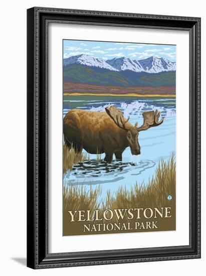 Yellowstone National Park - Moose Drinking in Lake-Lantern Press-Framed Art Print