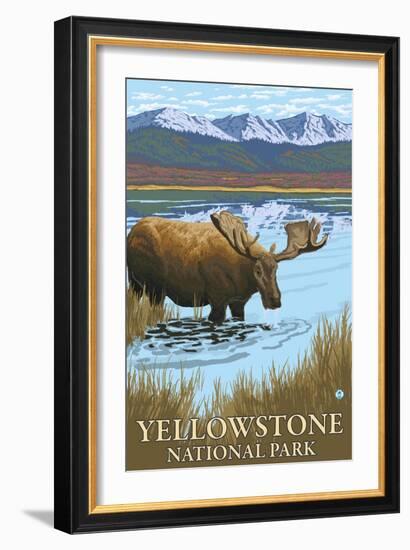 Yellowstone National Park - Moose Drinking in Lake-Lantern Press-Framed Art Print
