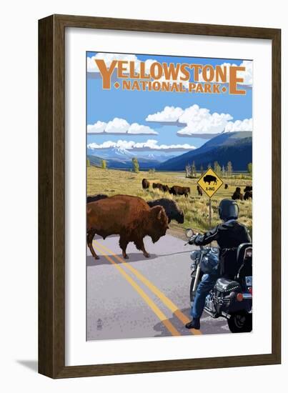 Yellowstone National Park - Motorcycle and Bison-Lantern Press-Framed Art Print