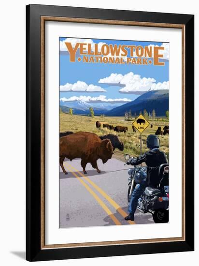 Yellowstone National Park - Motorcycle and Bison-Lantern Press-Framed Art Print