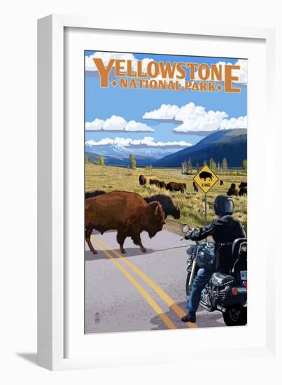 Yellowstone National Park - Motorcycle and Bison-Lantern Press-Framed Art Print