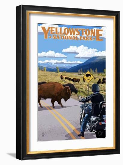 Yellowstone National Park - Motorcycle and Bison-Lantern Press-Framed Art Print