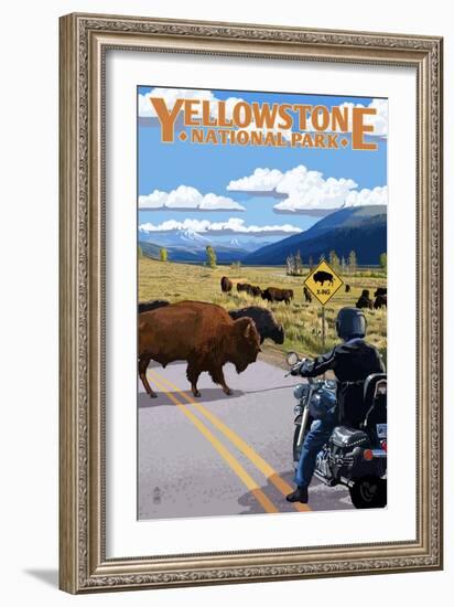Yellowstone National Park - Motorcycle and Bison-Lantern Press-Framed Premium Giclee Print
