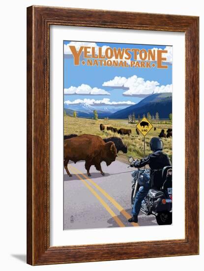 Yellowstone National Park - Motorcycle and Bison-Lantern Press-Framed Premium Giclee Print