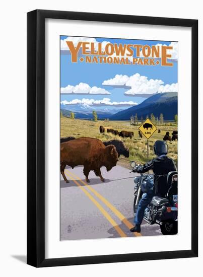 Yellowstone National Park - Motorcycle and Bison-Lantern Press-Framed Premium Giclee Print