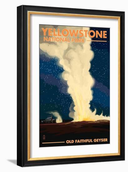 Yellowstone National Park - Old Faithful at Night-Lantern Press-Framed Art Print