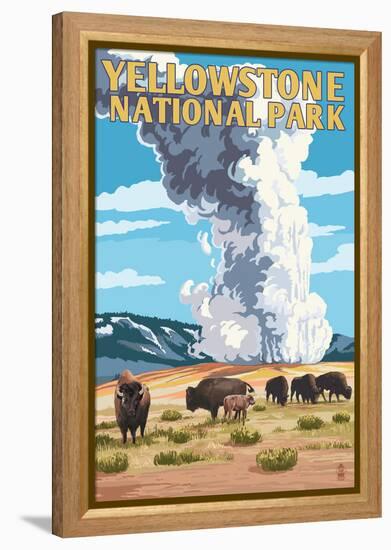 Yellowstone National Park - Old Faithful Geyser and Bison Herd-Lantern Press-Framed Stretched Canvas