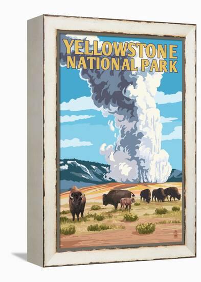 Yellowstone National Park - Old Faithful Geyser and Bison Herd-Lantern Press-Framed Stretched Canvas